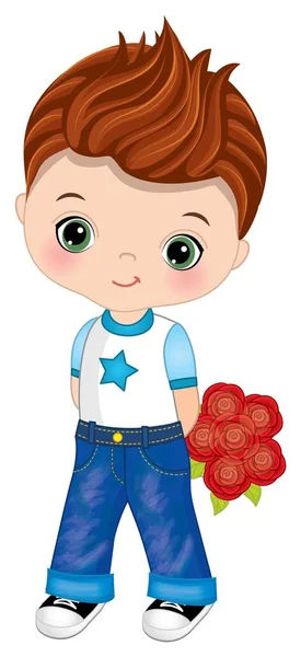 Lindo niño pelirrojo sosteniendo ramo de rosas rojas. Vector Boy con rosas — Archivo Imágenes Vectoriales