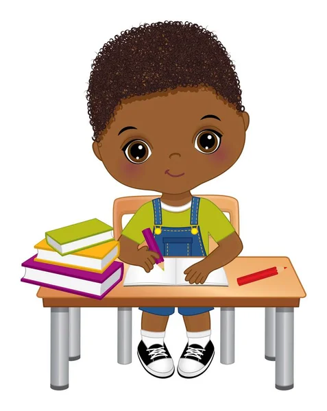 Menino afro-americano bonito sentado na mesa. Vector Little School Boy —  Vetores de Stock