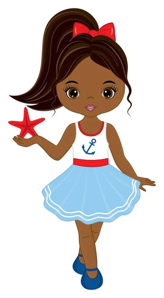 Roztomilé krásné afroamerické dívka na sobě námořní šaty drží hvězdice. Vektorová námořní dívka — Stockový vektor