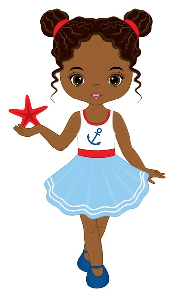 Linda menina afro-americana bonito vestindo vestido náutico Segurando Starfish. Vector menina náutica — Vetor de Stock