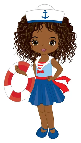 Roztomilé krásné afroamerické dívka na sobě námořní šaty drží záchrannou bóji. Vektorová námořní dívka — Stockový vektor