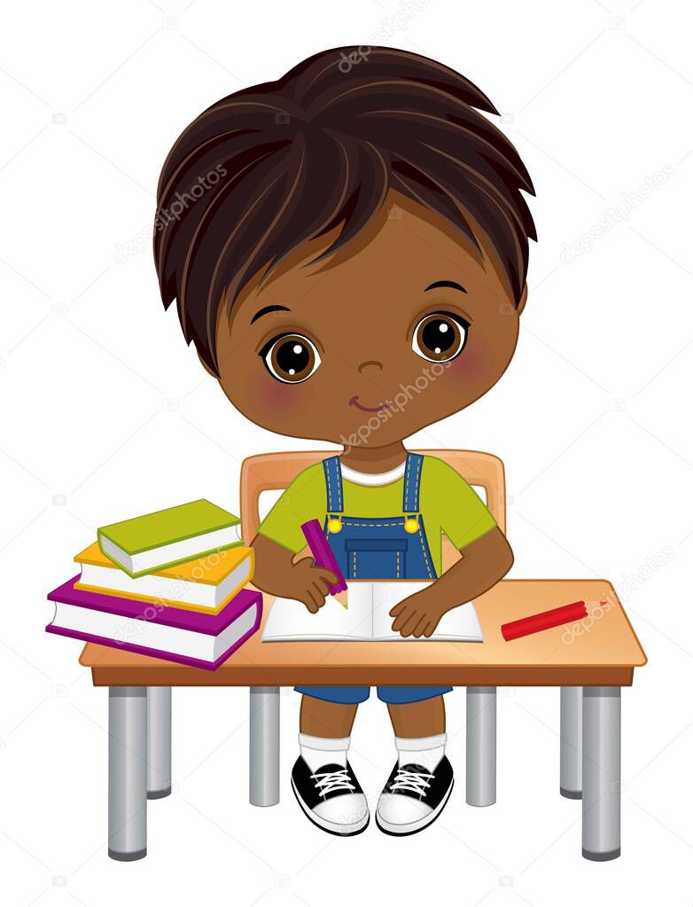 Cute Little African American Boy Sitting at Desk. Vector Little School Boy