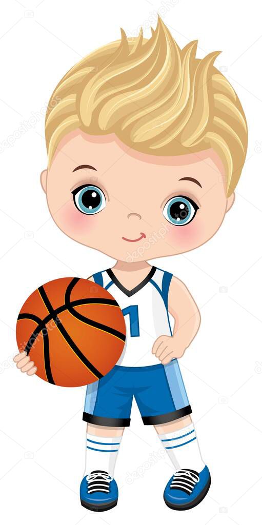 Cute Little Boy Playing Basketball. Vector Little Basketball Player