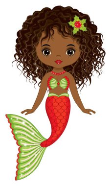 Güzel Noel Afro-Amerikan Deniz Kızı ve Kırmızı ve Yeşil Balık Kuyruklu. Vektör Şirin Siyah Denizkızı