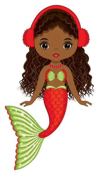 Mooie Kerst Afro-Amerikaanse Zeemeermin met Rood en Groen Fishtail Het dragen van koptelefoon. Vector schattig zwart zeemeermin — Stockvector