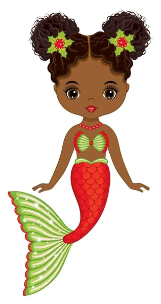 Krásná africká americká mořská panna s červeným a zeleným Fishtail. Vektor roztomilý černý mořský panna — Stockový vektor