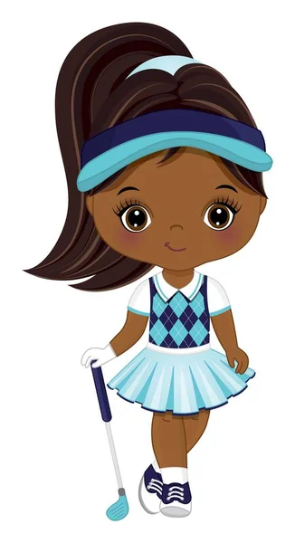 Linda niña afroamericana jugando al golf. Vector pequeña chica golfista — Vector de stock