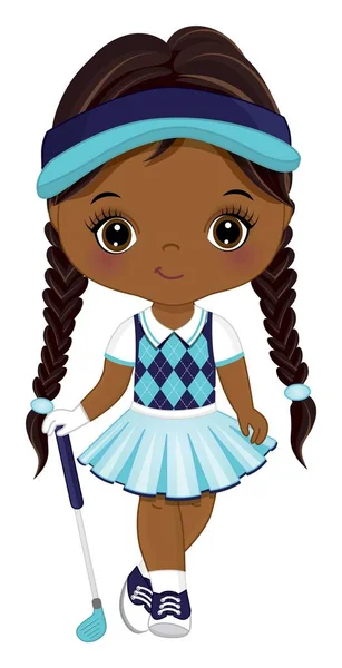 Aranyos kis afro-amerikai lány golfozik. Vektor kislány golfozó — Stock Vector