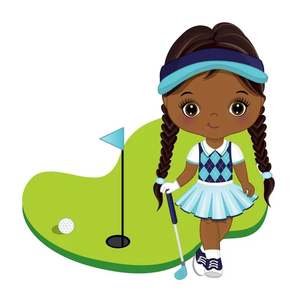可爱的小非洲裔美国女孩打高尔夫球。矢量小高尔夫球手 — 图库矢量图片