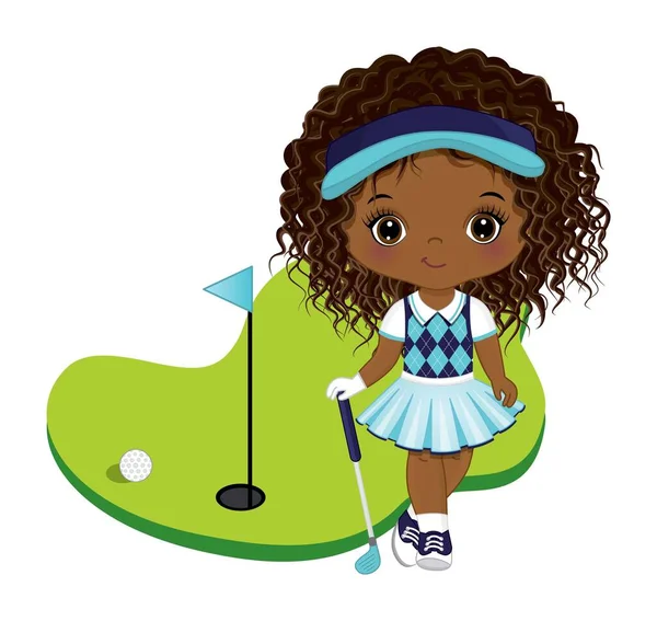 Golf oynayan tatlı Afrikalı Amerikalı kız. Vektör Küçük Golfçü — Stok Vektör