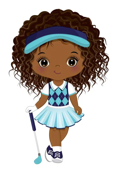 Cute Little African American Girl Playing Golf. Vector Little Girl Golfer — Stock Vector