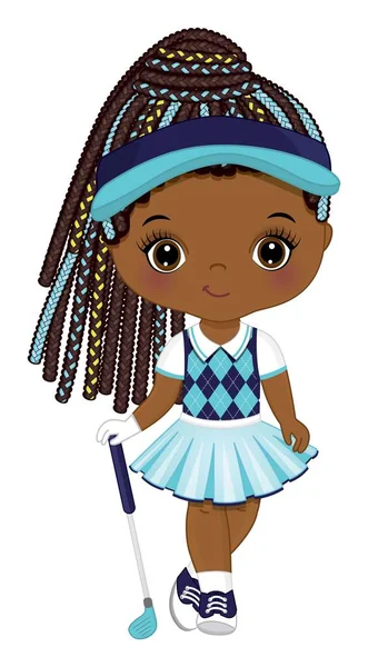 Linda niña afroamericana jugando al golf. Vector pequeña chica golfista — Archivo Imágenes Vectoriales