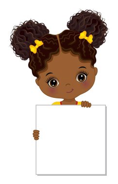 Cute Little African American Girl Holding Frame to Customise Your Text. Vector Black Girl with Banner clipart