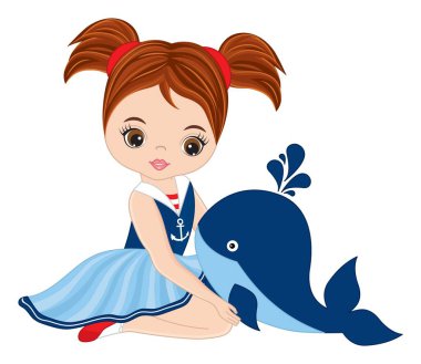 Cute Beautiful Teen Girl Wearing Nautical Dress Holding Baby Whale. Vector Nautical Girl vector