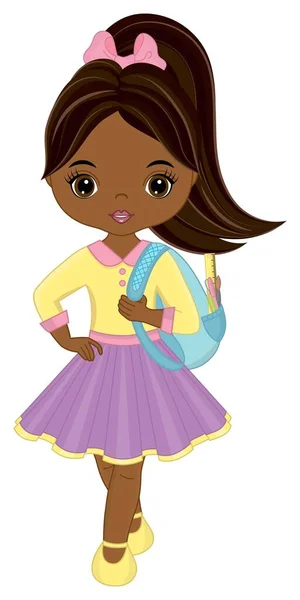 Linda escuela afroamericana niña sosteniendo mochila con accesorios. Vector escuela negro chica — Vector de stock