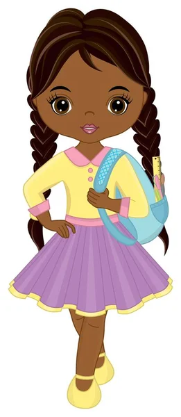 Linda escuela afroamericana niña sosteniendo mochila con accesorios. Vector escuela negro chica — Vector de stock