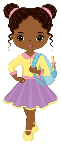Linda escuela afroamericana niña sosteniendo mochila con accesorios. Vector escuela negro chica — Archivo Imágenes Vectoriales