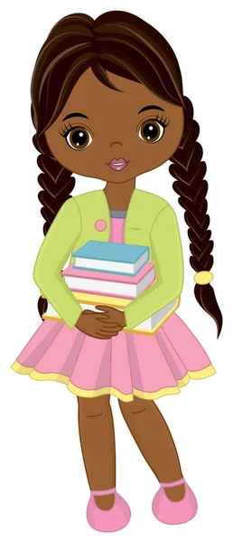 Cute School African American Girl Holding Książki. Wektor szkoły czarny dziewczyna — Wektor stockowy