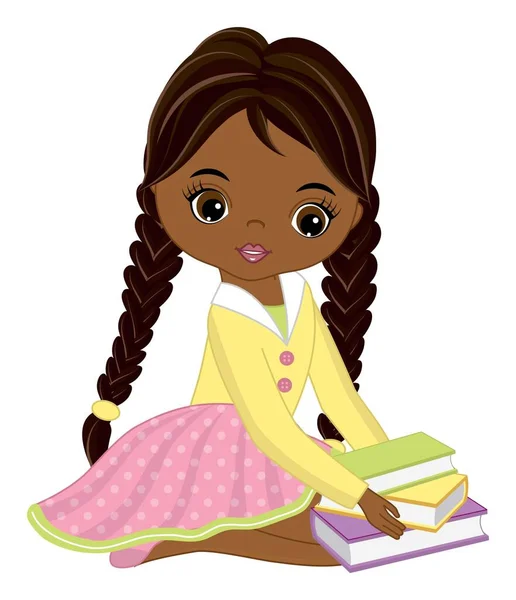 Nettes Afroamerikanisches Mädchen mit Büchern in der Hand. Vector School Schwarzes Mädchen — Stockvektor