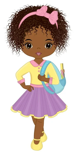 Nette Schule African American Girl Holding Rucksack mit Accessoires. Vector School Schwarzes Mädchen — Stockvektor
