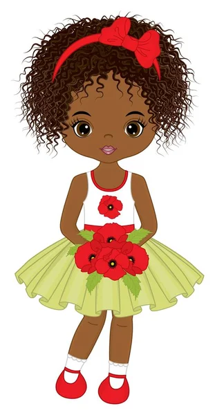 Schöne süße Afroamerikanerin mit einem Strauß roter Mohnblumen. Vector Black Girl mit Mohn — Stockvektor
