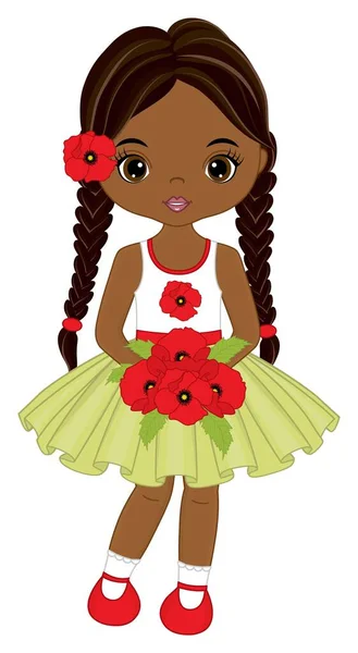 Beautiful Cute African American Girl Holding Bouquet of Red Poppies. Vector Black Girl with Poppies — Stock Vector