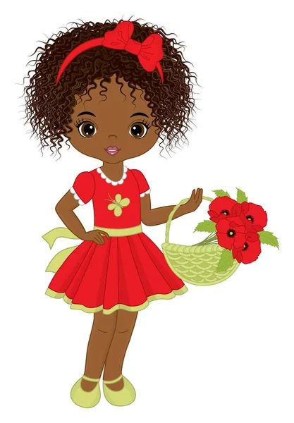 Linda menina afro-americana bonito segurando cesta de papoilas vermelhas. Vector menina negra com papoilas — Vetor de Stock
