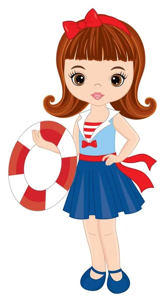 Мила красива дівчина-підліток в морському платті Holding Lifebuoy. Вектор Морська дівчина — стоковий вектор