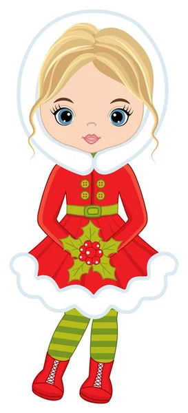 Menina bonita segurando Holly Natal. Vector menina de Natal —  Vetores de Stock