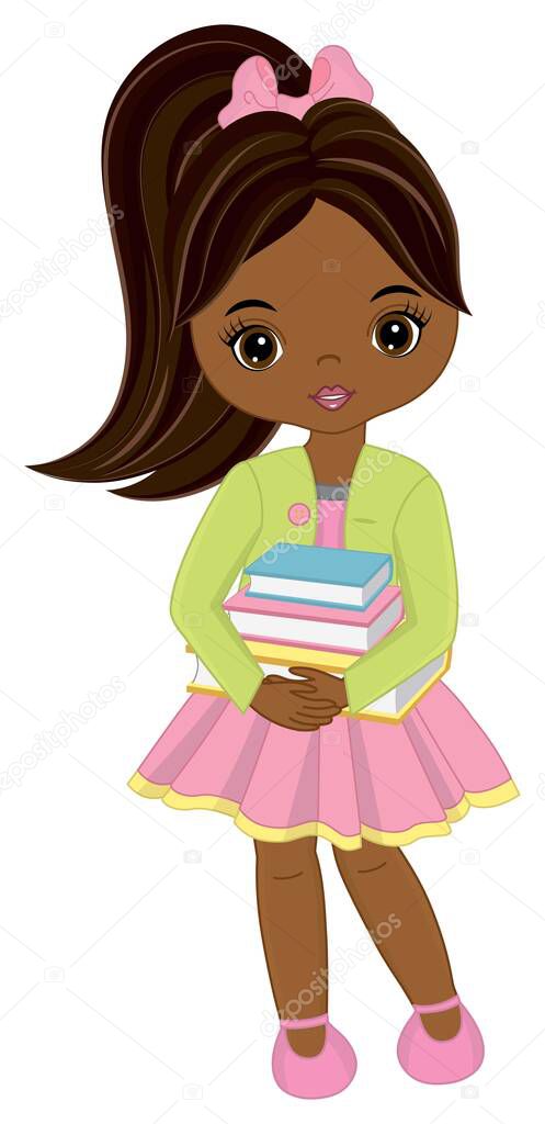 Cute School African American Girl Holding Books. Vector School Black Girl 