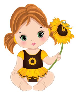 Sevimli Küçük Bebek Ayçiçeği Tutuyor. Ayçiçekli Vektör Bebek Kız