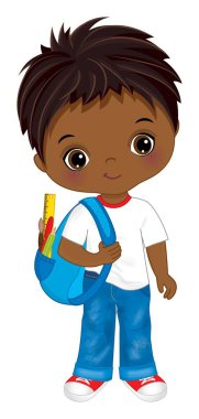 Afrika kökenli Amerikalı Çocuk Sırt Çantası. Vektör Okulu Siyah Çocuk