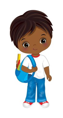 Afrika kökenli Amerikalı Çocuk Sırt Çantası. Vektör Okulu Siyah Çocuk