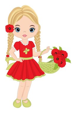 Kırmızı gelincik sepetini tutan güzel bir kız. Gelincikli Vektör Kız