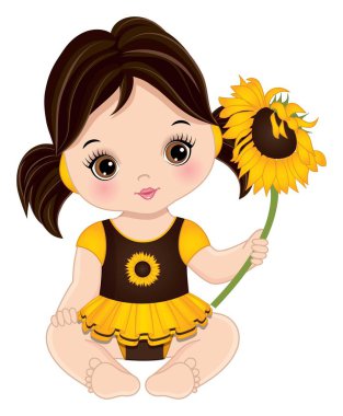 Cute Little Baby Girl Holding Sunflower. Vector Baby Girl with Sunflower vector