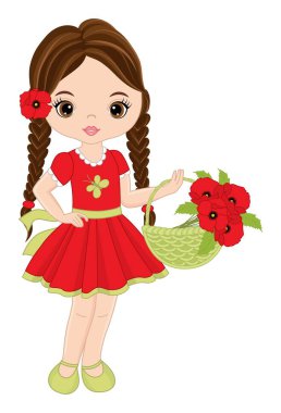 Kırmızı gelincik sepetini tutan güzel bir kız. Gelincikli Vektör Kız