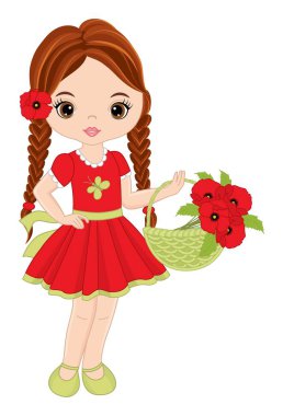 Kırmızı gelincik sepetini tutan güzel bir kız. Gelincikli Vektör Kız