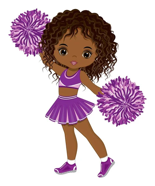 Cute African American Cheerleader Dancing with Pom Poms. Vector Black Cheerleader — Stock Vector
