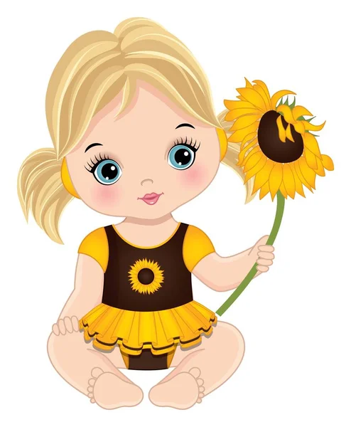 Roztomilá holčička držící slunečnici. Vektorové dítě dívka se slunečnicí — Stockový vektor