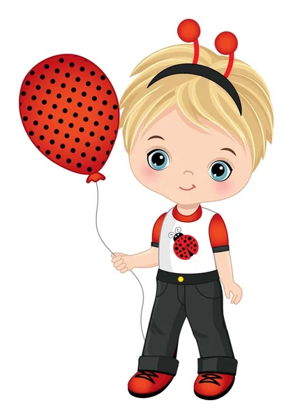 Leuke kleine jongen draagt Ladybug hoofdband Antenne Holding Polka Dot luchtballon. Vector kleine jongen — Stockvector