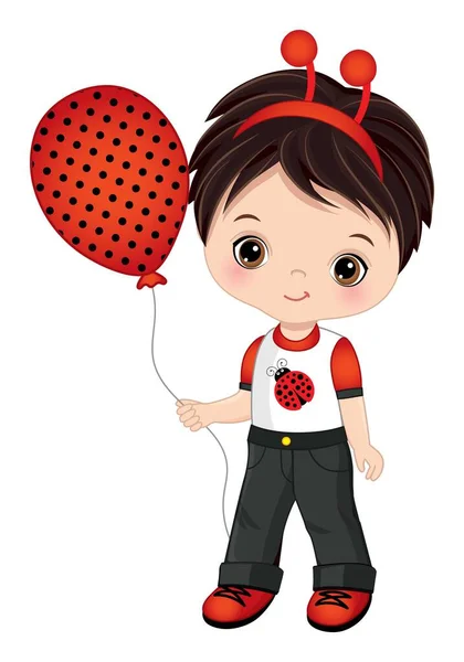 Leuke kleine jongen draagt Ladybug hoofdband Antenne Holding Polka Dot luchtballon. Vector kleine jongen — Stockvector