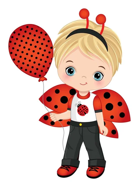 Leuke kleine jongen draagt Ladybug hoofdband Antenne Holding Polka Dot luchtballon. Vector kleine jongen — Stockvector