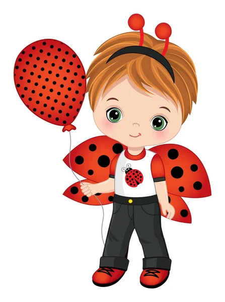 Leuke kleine jongen draagt Ladybug hoofdband Antenne Holding Polka Dot luchtballon. Vector kleine jongen — Stockvector