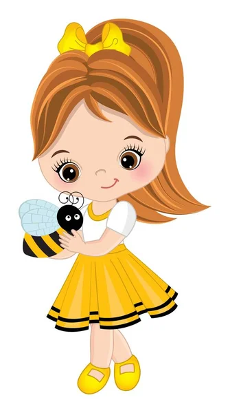 Cute Little Girl Holding Bee. Vector Girl with Bee — Stock Vector