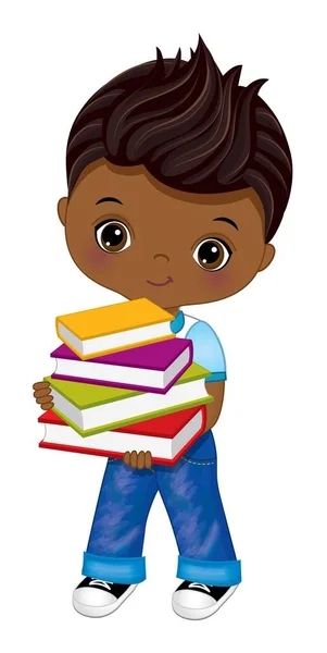 Słodka szkoła African American Boy Holding Books. Wektor szkoły czarny chłopiec — Wektor stockowy