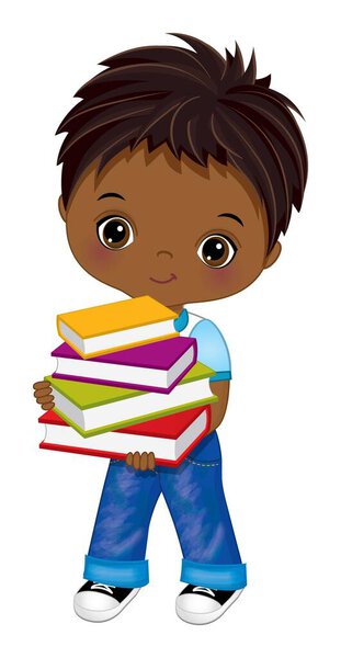 Cute School African American Boy Holding Books. Vector School Black Boy