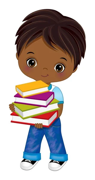 Słodka szkoła African American Boy Holding Books. Wektor szkoły czarny chłopiec — Wektor stockowy