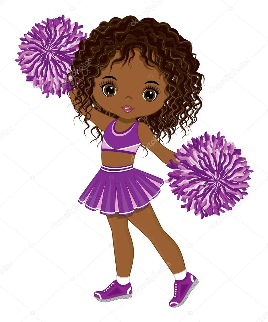 Cute African American Cheerleader Dancing with Pom Poms. Vector Black Cheerleader 