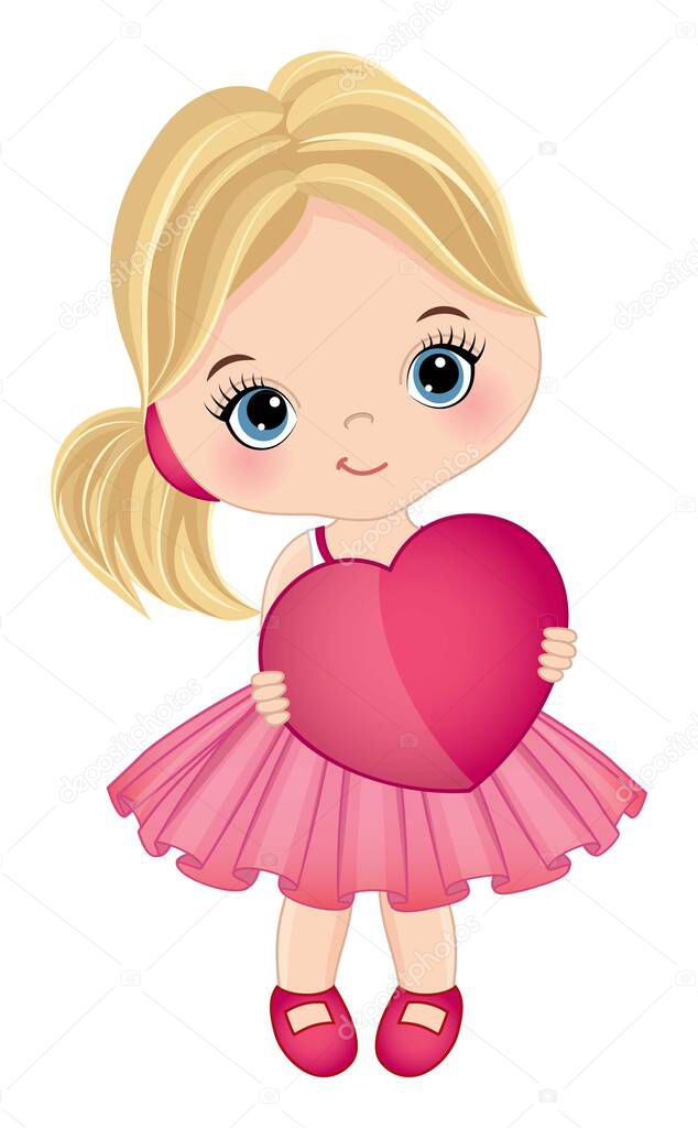 Cute Little Girl Wearing Pink Dress Holding Heart. Vector Little Girl with Heart