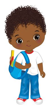 Afrika kökenli Amerikalı Çocuk Sırt Çantası. Vektör Okulu Siyah Çocuk